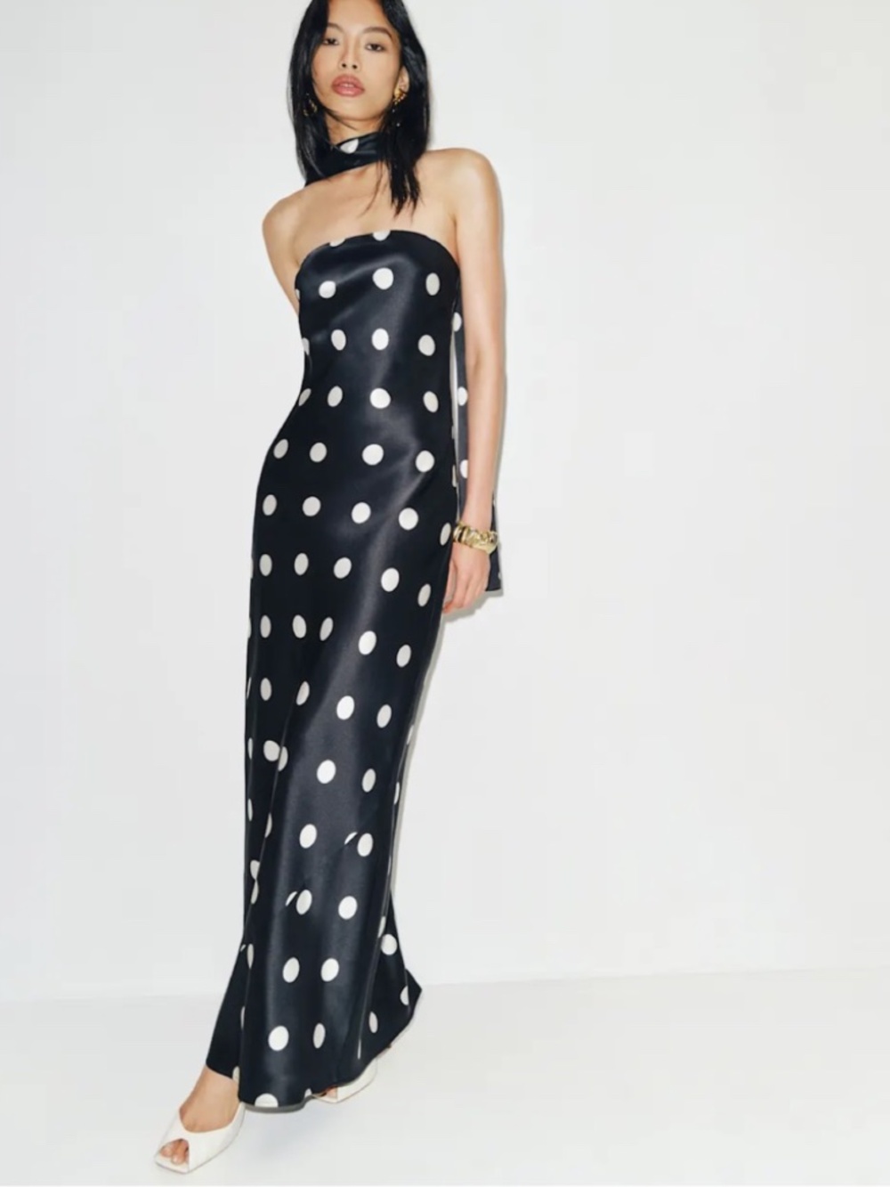 Reformation OREN Black White Polka Moon Dot Silk Maxi Dress Scarf w/ tags M